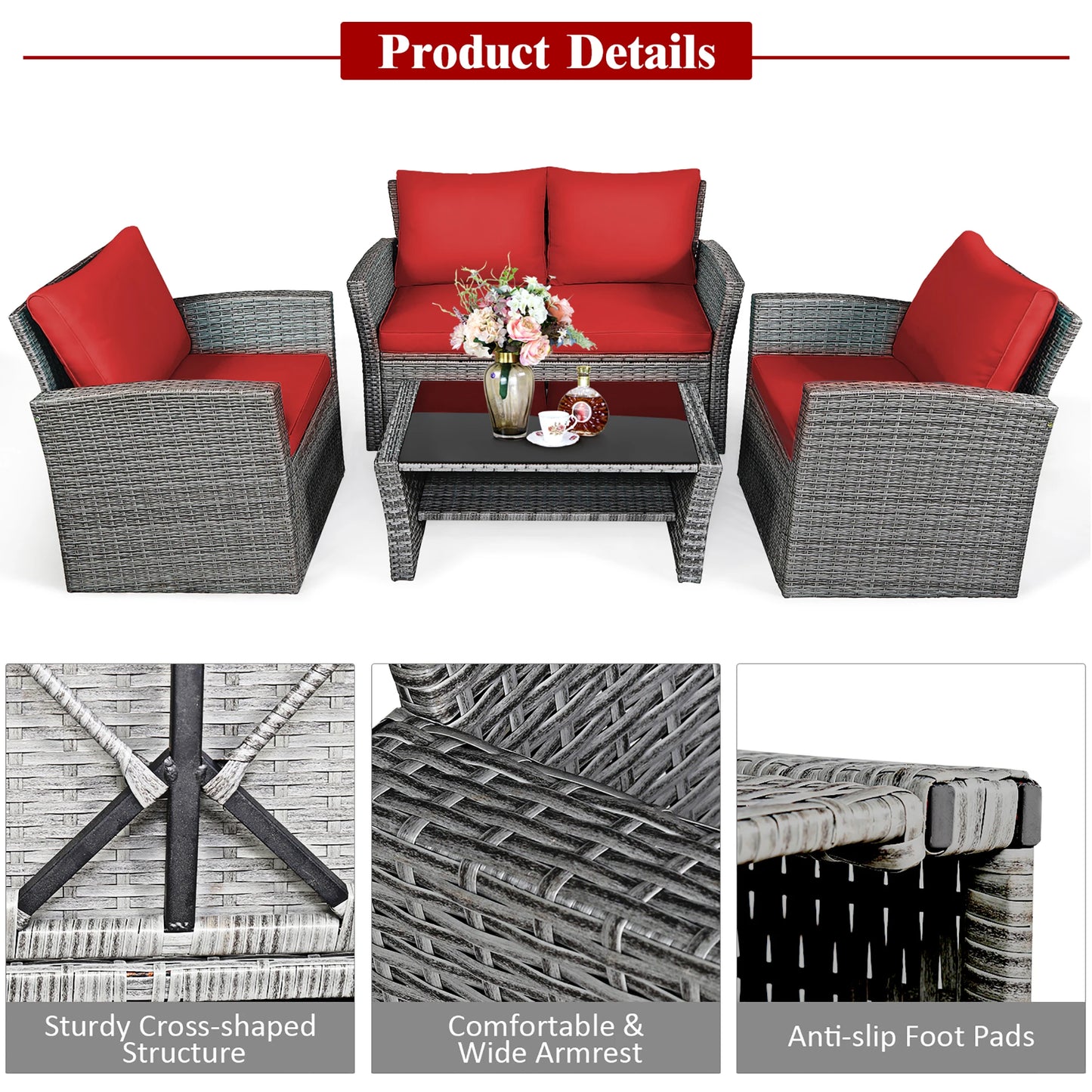4PCS Rattan Furniture Set Sofa W/ Table