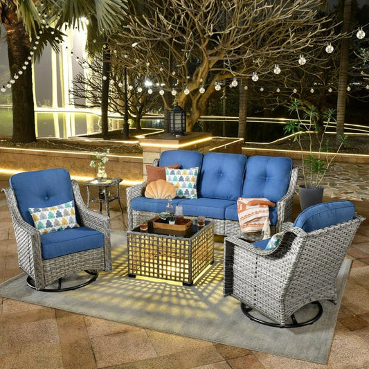 5 Piece Rattan Wicker Patio Furniture w/ 3 Seat Sofa, and Swivel Rocking Chair