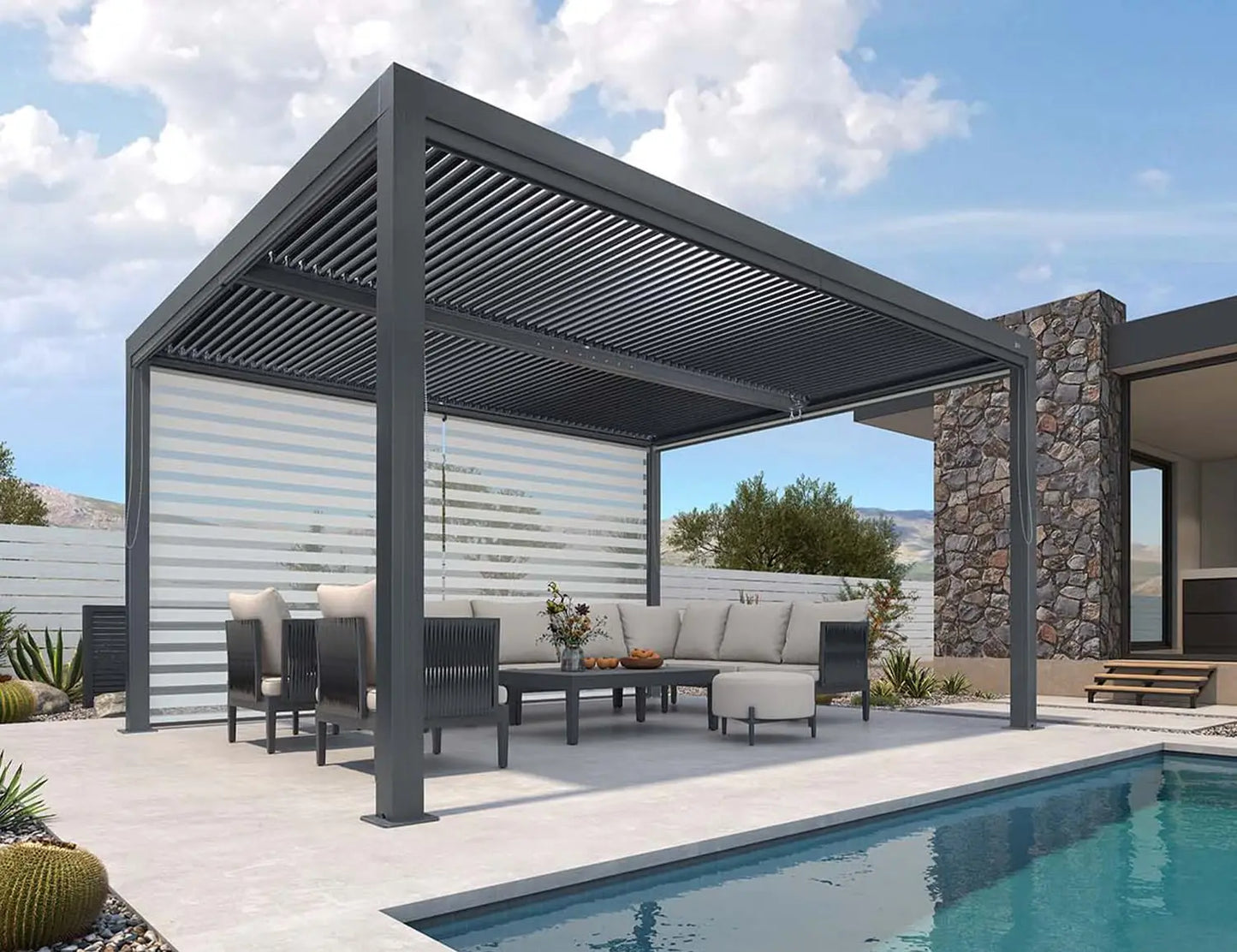 11x14ft Aluminum Louvered Pergola Adjustable Roof Shade Screen for Deck Backyard Grey Customized