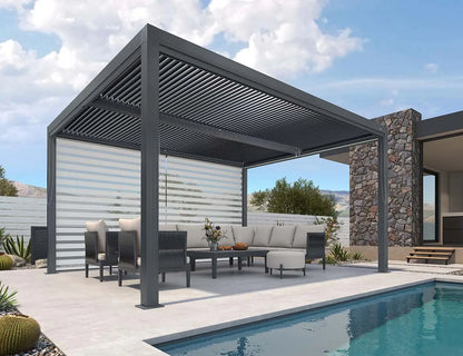 11x14ft Aluminum Louvered Pergola Adjustable Roof Shade Screen for Deck Backyard Grey Customized