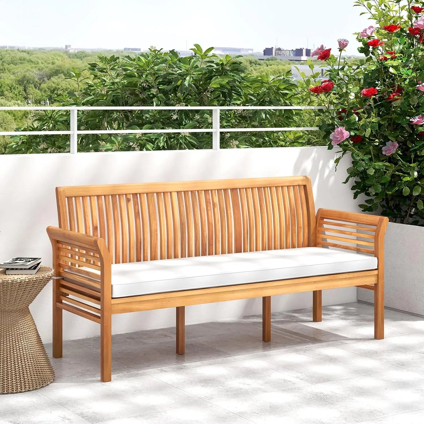 Wooden Outdoor Bench with White Cushion, Curved Armrest, and Slatted Back