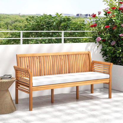Wooden Outdoor Bench with White Cushion, Curved Armrest, and Slatted Back
