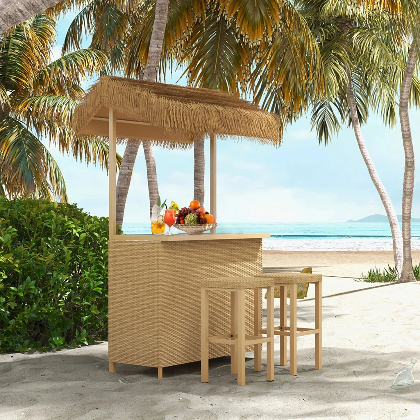 Outdoor Tiki Bar Set with 2 Stools and Ceramic Top