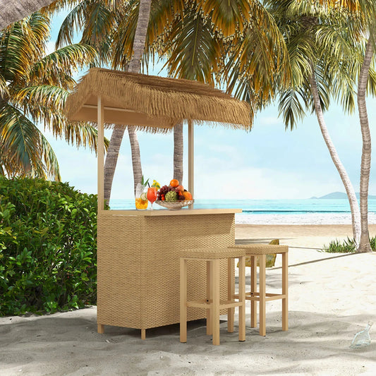 Outdoor Tiki Bar Set with 2 Stools and Ceramic Top