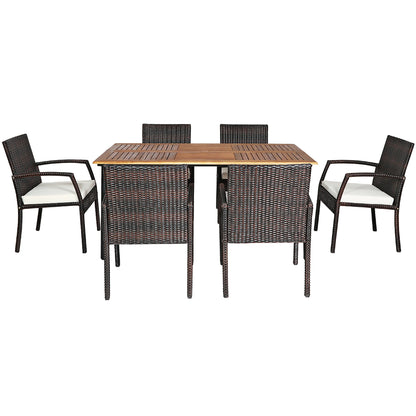 Patio Rattan Dining Set 6 Chairs Wooden Table Top