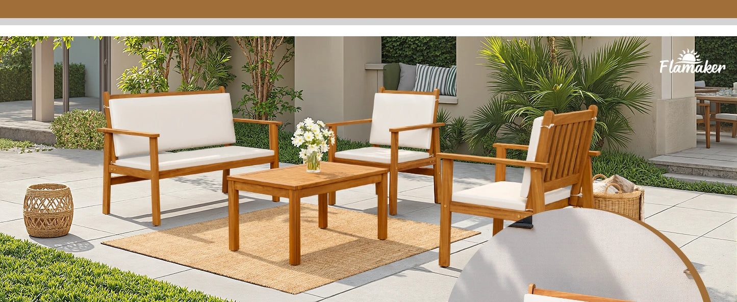 Patio Chairs 3 or 4 Piece Acacia Wood Patio Furniture with Coffee Table & Cushions