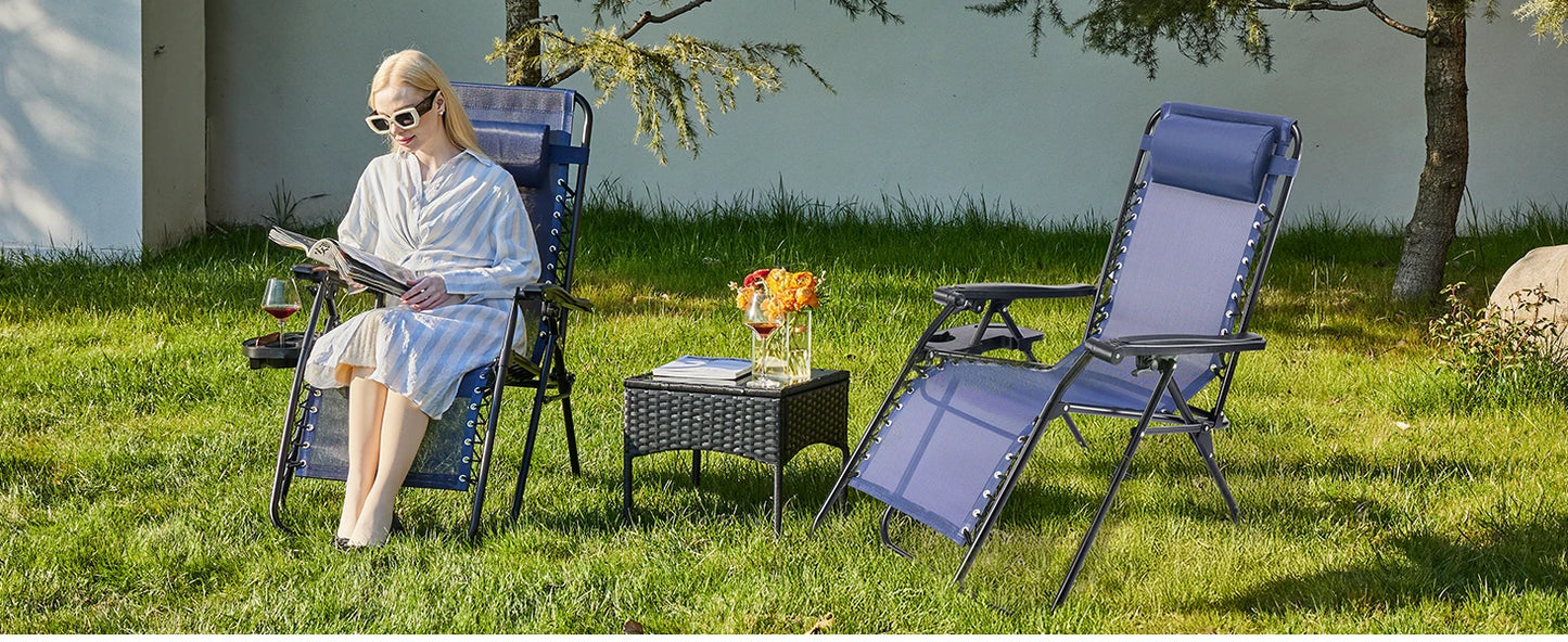 Set of 2 Zero Gravity Portable Recliner Chair with Cup Holder Trays Adjustable Pillow