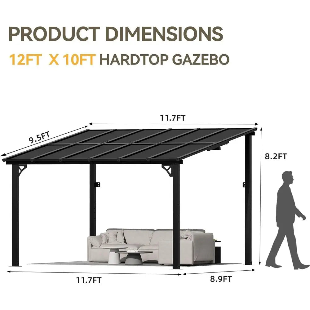 10ft x 12ft Outdoor Pavilion with Sloping Roof and Heavy-Duty Wall-Mounted Canopies for Backyard Decks and Patios