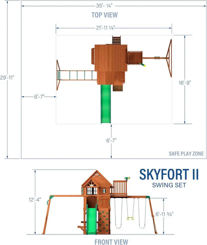 Cedar Swing Set with Wave Slide, Raised Clubhouse, Crow's Nest, Monkey Bars, Balcony, Belt Swings, Trapeze, Rock