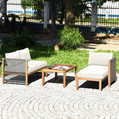 3PCS Patio Acacia Wood Sofa Set with Thick 
Cushions