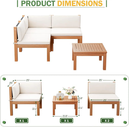 4 Pieces Acacia Wood Patio Sectional Sofa with Coffee Table