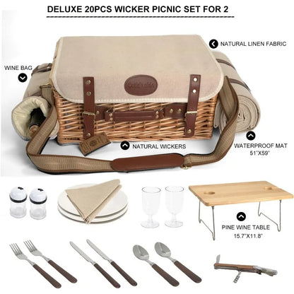 Wicker Picnic Basket Set with Blanket and Table, Insulated