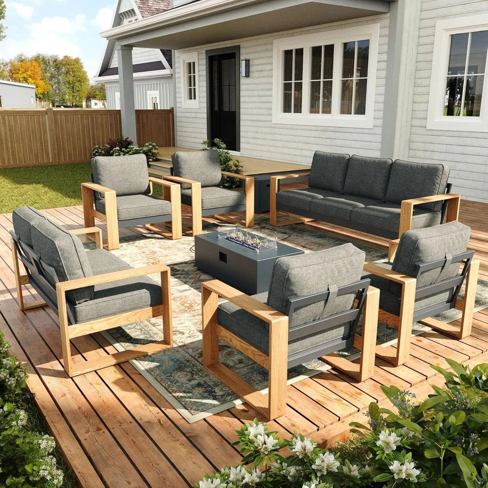 7-Piece Modern Sectional Sofa Set with Fire Pit Table, Wide Seat and Thick Cushions