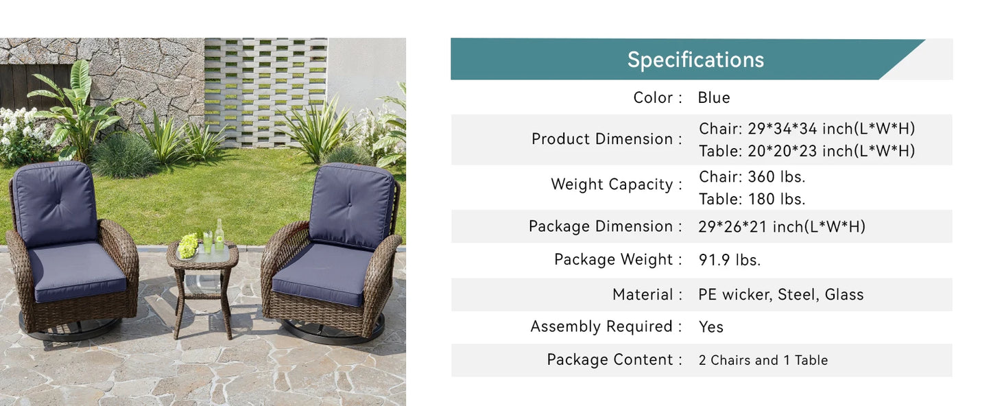 3 Pieces Patio Bisro Set, Rotating Rocking
