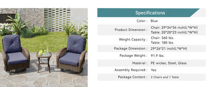 3 Pieces Patio Bisro Set, Rotating Rocking