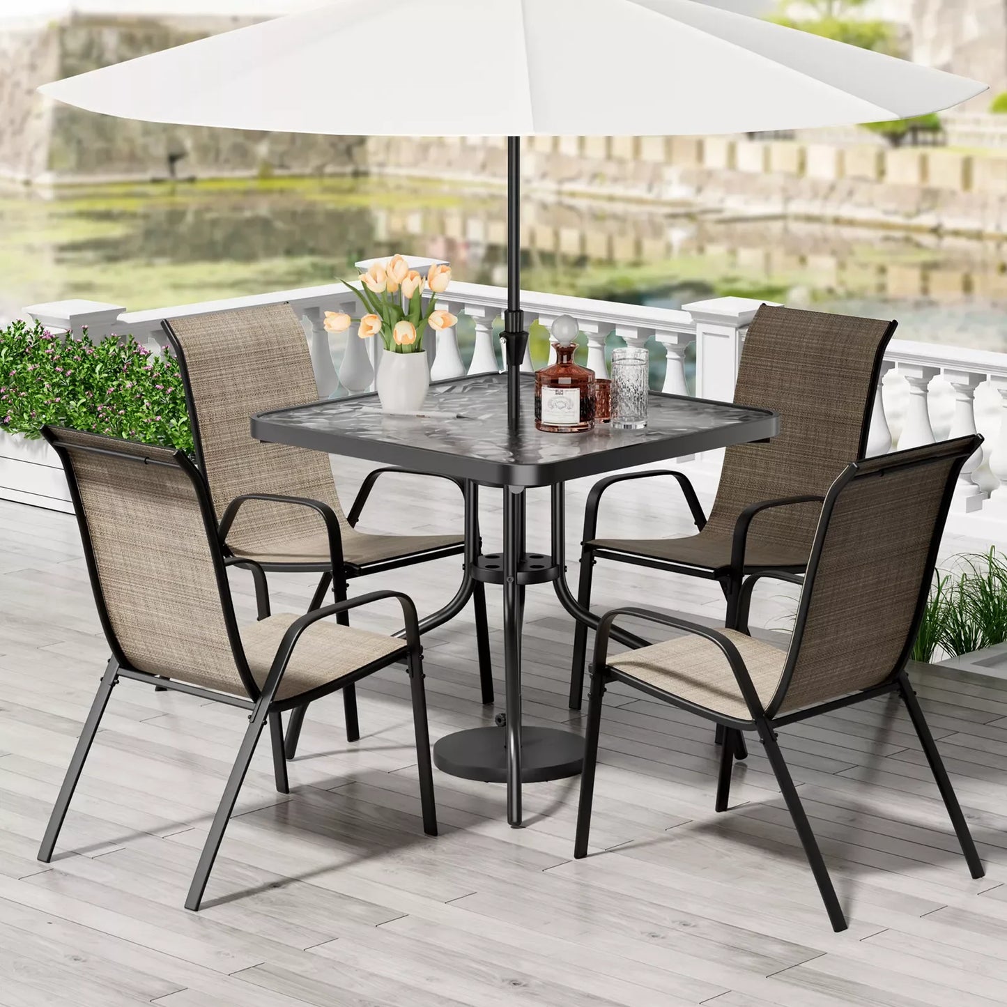 Patio Dining Set 30"x30" Table and 4 Textilene Chairs
