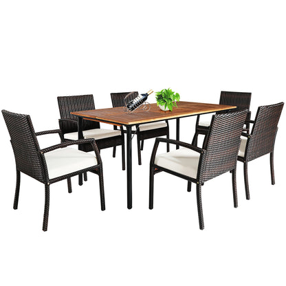 Patio Rattan Dining Set 6 Chairs Wooden Table Top