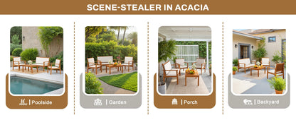 Patio Chairs 3 or 4 Piece Acacia Wood Patio Furniture with Coffee Table & Cushions