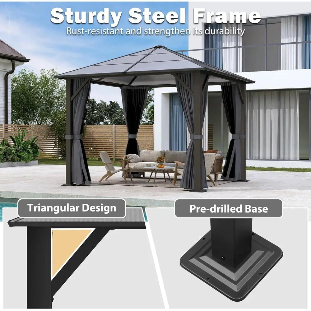 10x10 Gazebo with Polyethylene Roof and Steel Frame, with Grey Curtain and Netting