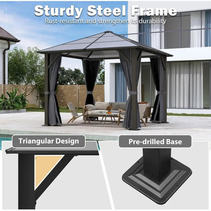 10x10 Gazebo with Polyethylene Roof and Steel Frame, with Grey Curtain and Netting