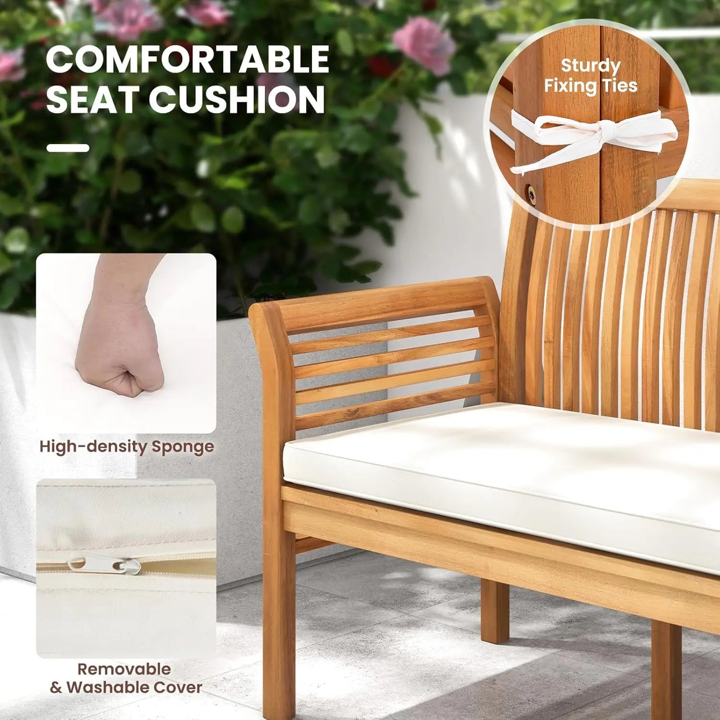 Wooden Outdoor Bench with White Cushion, Curved Armrest, and Slatted Back