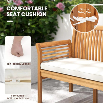 Wooden Outdoor Bench with White Cushion, Curved Armrest, and Slatted Back