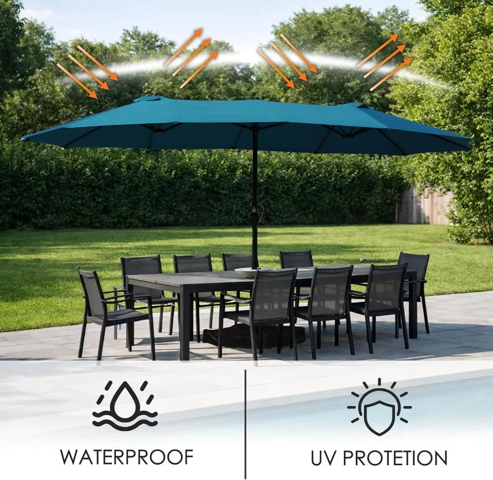 15ft Double-Sided Rectangular Patio Umbrella with Crank Lift, UV Protection, and Base Included for Backyard, Pool & Garden