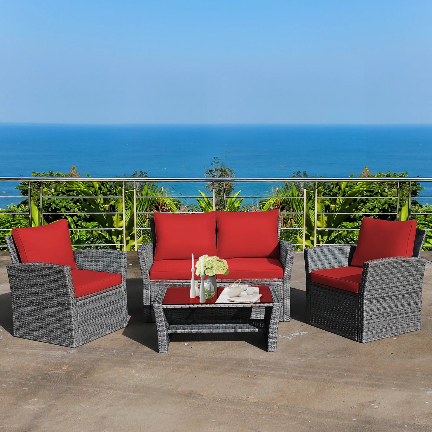 4PCS Rattan Furniture Set Sofa W/ Table