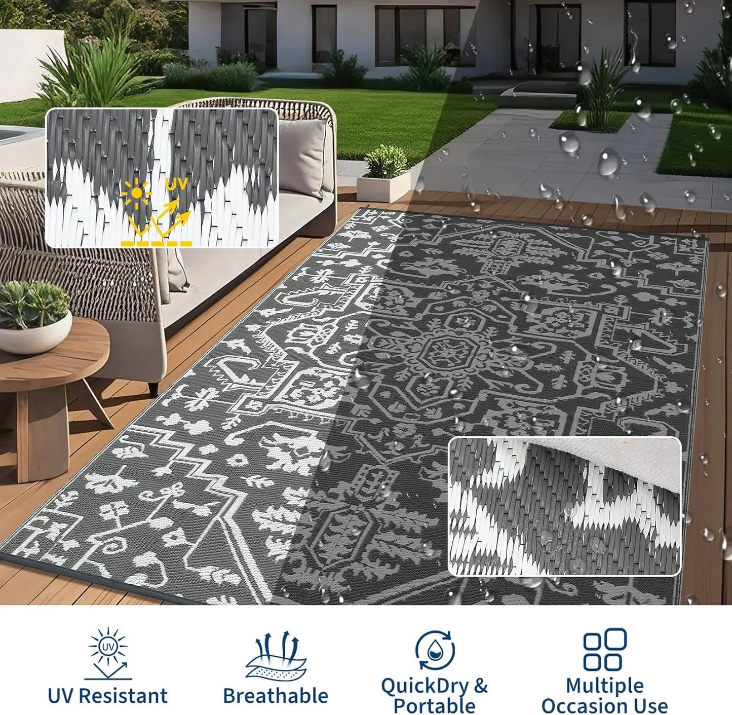 Waterproof Outdoor Rug Stain-Resistant Plastic Straw Carpet