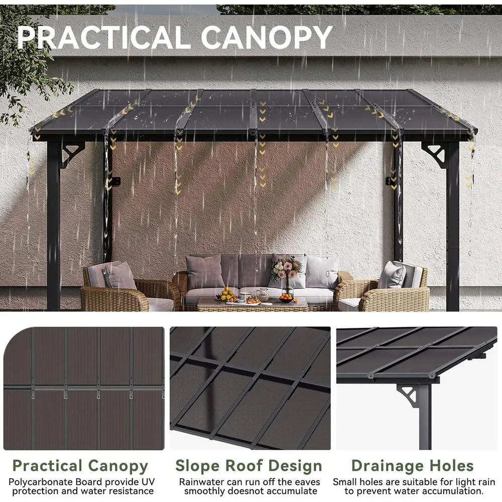 10ft x 12ft Outdoor Pavilion with Sloping Roof and Heavy-Duty Wall-Mounted Canopies for Backyard Decks and Patios