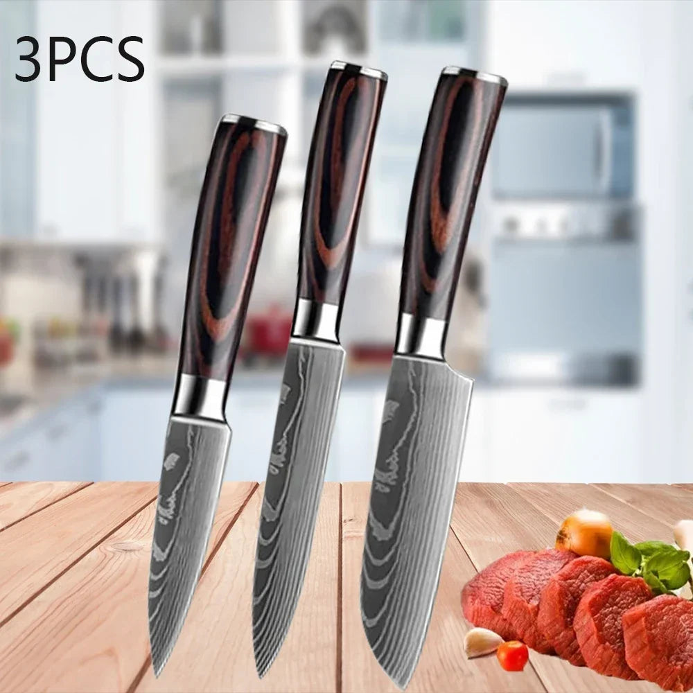 3Piece Knife Set Laser Damascus
