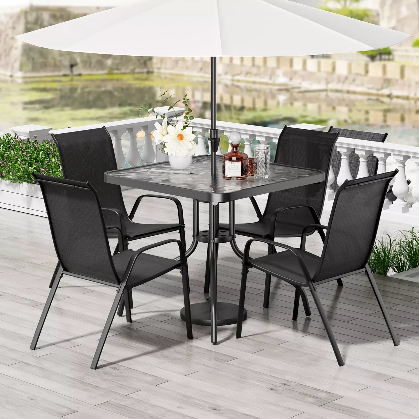 Patio Dining Set 30"x30" Table and 4 Textilene Chairs