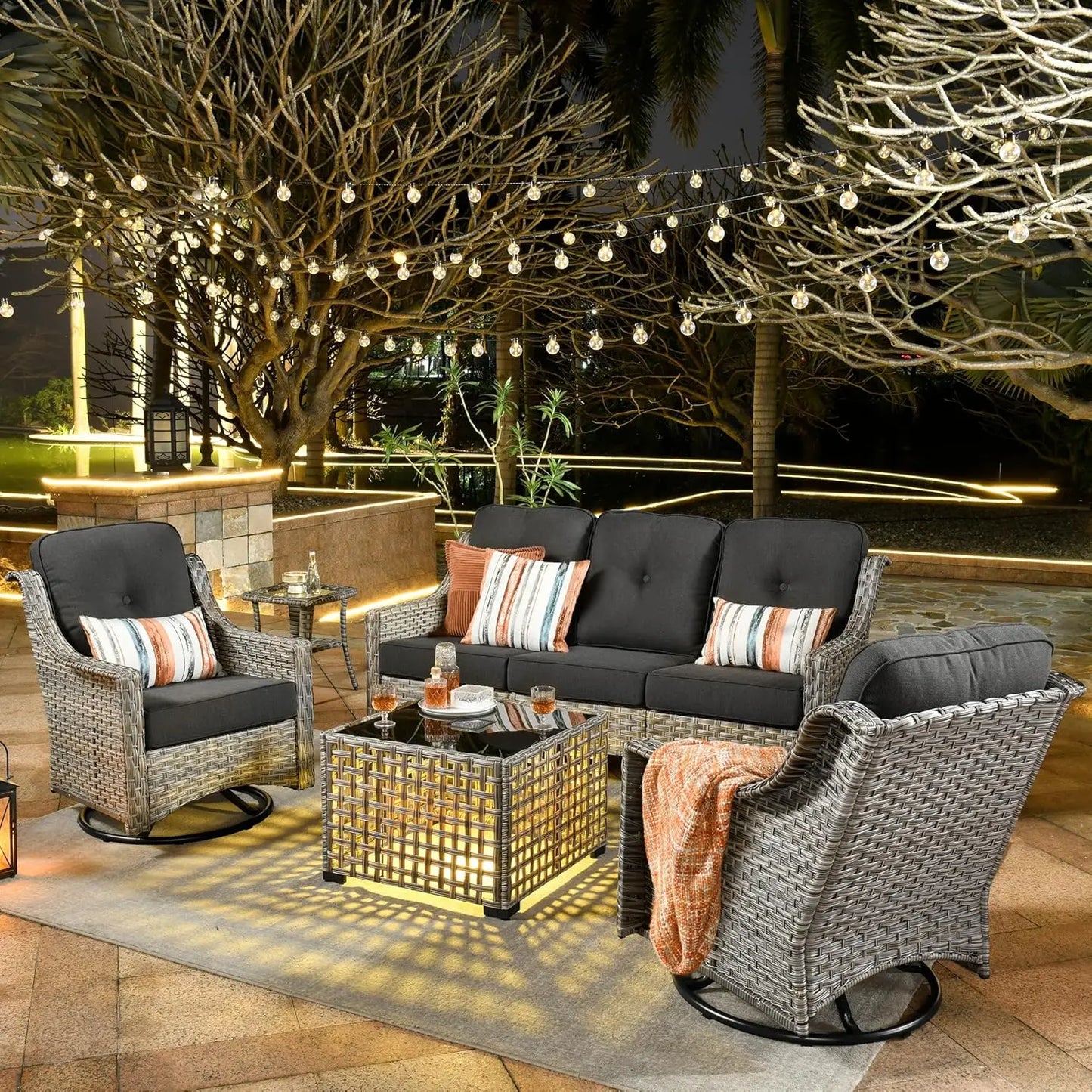5 Piece Rattan Wicker Patio Furniture w/ 3 Seat Sofa, and Swivel Rocking Chair