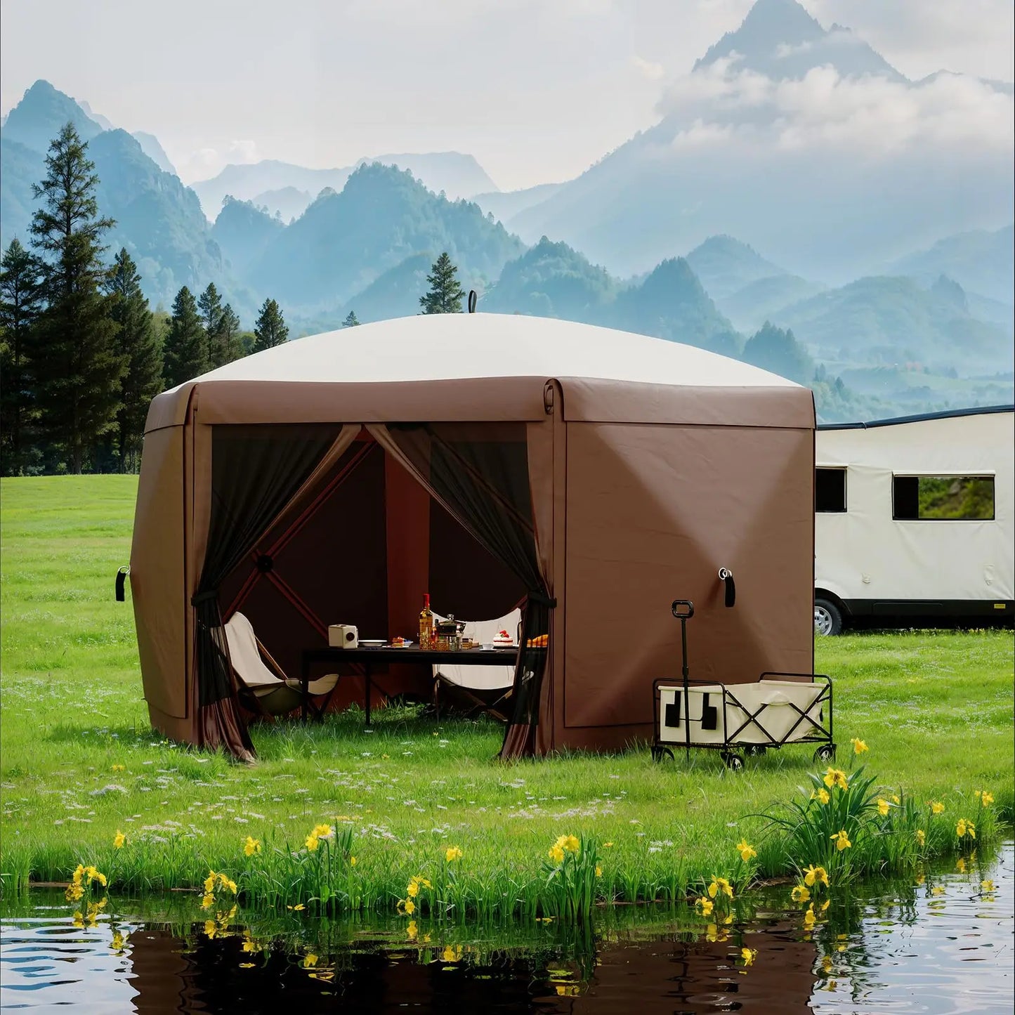 6-Sided Canopy With Mosquito Netting Removable Wind Cloths 13FT