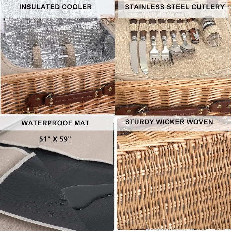 Wicker Picnic Basket Set with Blanket and Table, Insulated