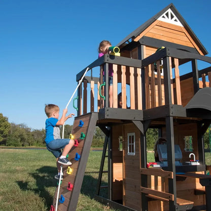 Cedar Swing Set with Wave Slide, Clubhouse, Play Kitchen, Picnic Area, Belt Swings, Web Swing, Rock Wall,