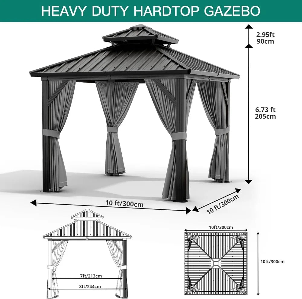 10x10 FT Heavy Duty Aluminum Hardtop Gazebo with Curtains & Netting(Gray)