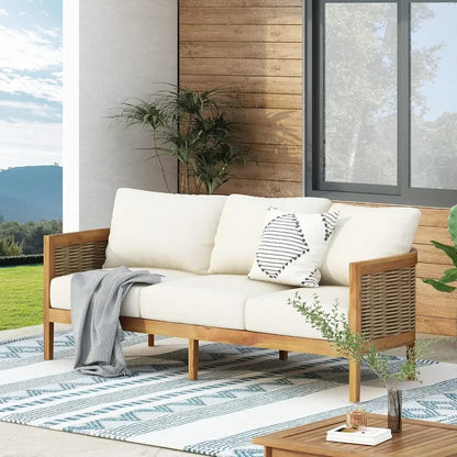 Outdoor Acacia Wood Wicker 3 Seater Sofa, Patio Furniture Conversation Set for Backyard