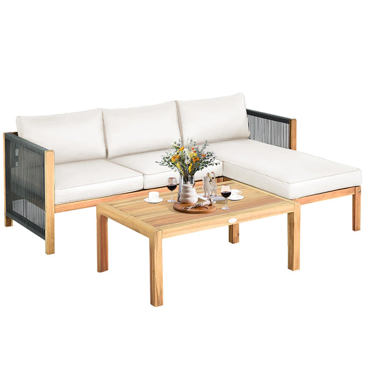3PCS Patio Acacia Wood Sofa Set with Thick 
Cushions