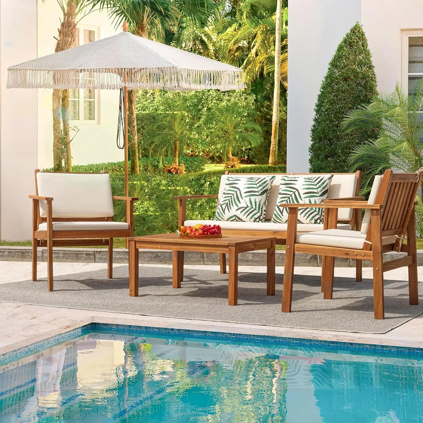 Patio Chairs 3 or 4 Piece Acacia Wood Patio Furniture with Coffee Table & Cushions