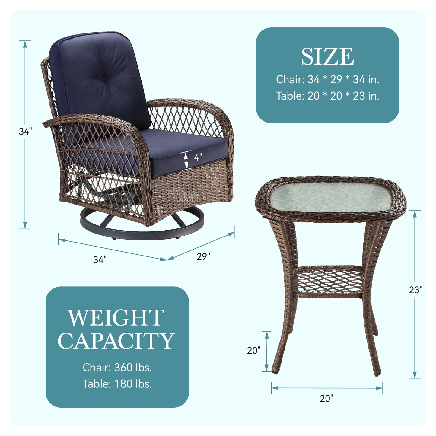 3 Pieces Patio Bisro Set, Rotating Rocking