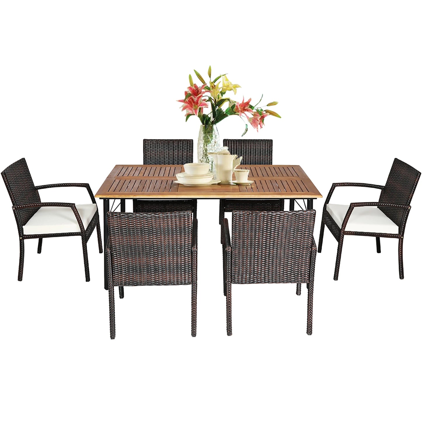 Patio Rattan Dining Set 6 Chairs Wooden Table Top