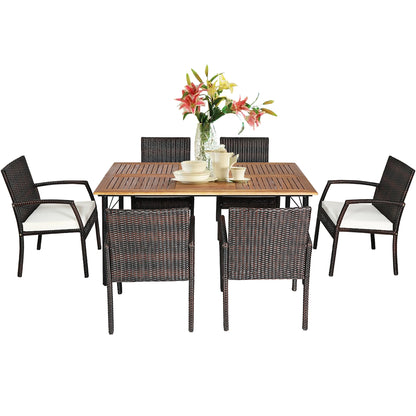Patio Rattan Dining Set 6 Chairs Wooden Table Top