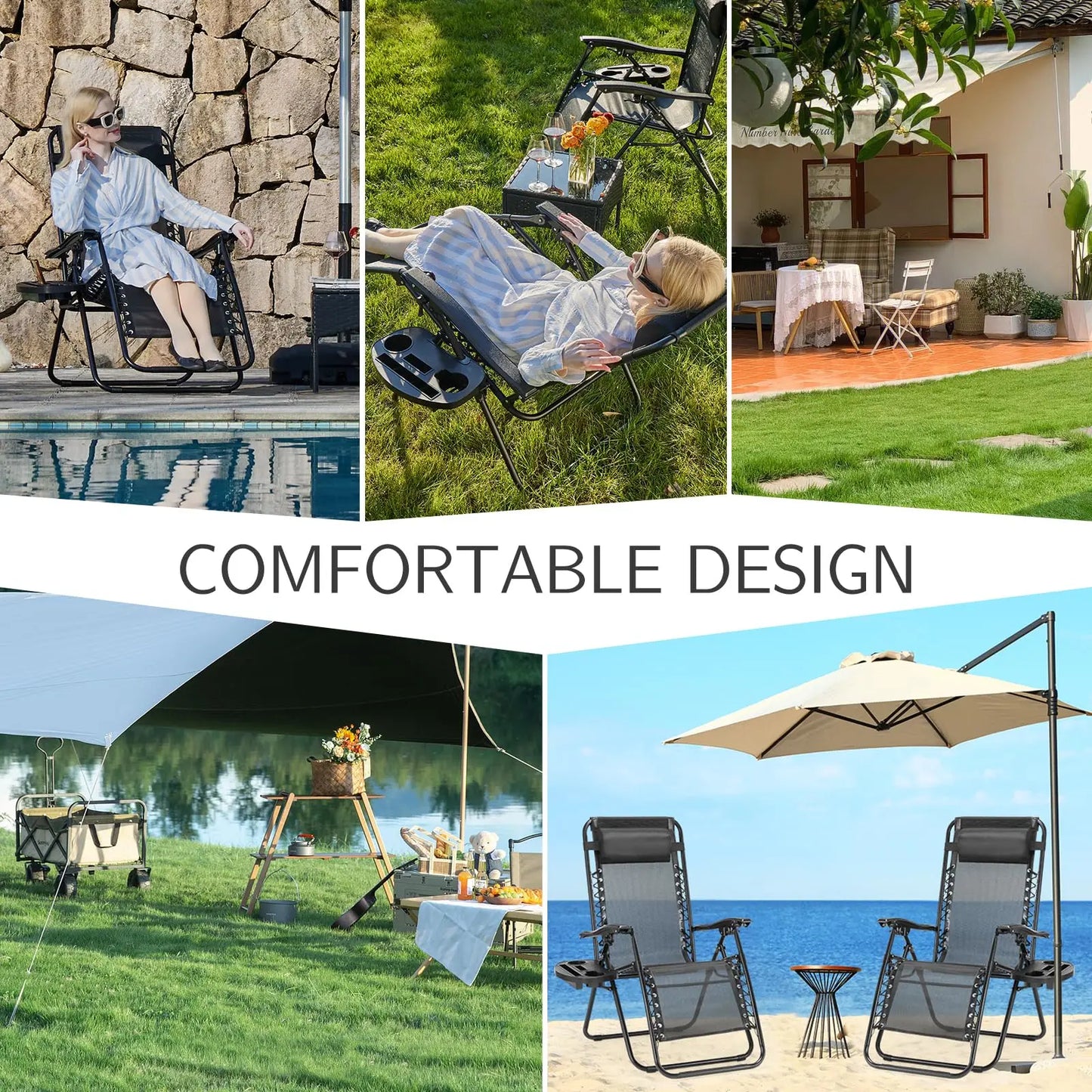 Set of 2 Zero Gravity Portable Recliner Chair with Cup Holder Trays Adjustable Pillow