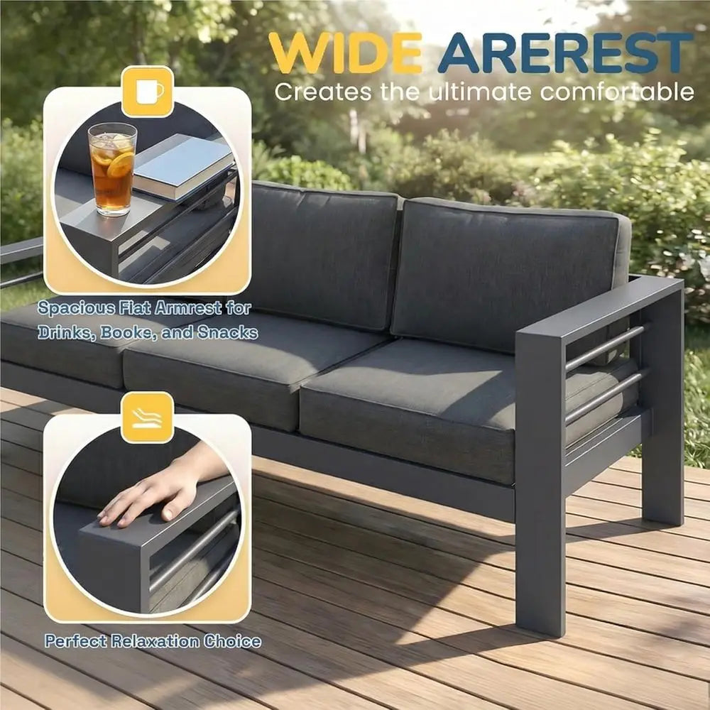 Gray Oversized Metal Patio Set with Deep Seating and Armrests, All-Weather Outdoor Cushion Set