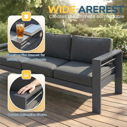 Gray Oversized Metal Patio Set with Deep Seating and Armrests, All-Weather Outdoor Cushion Set