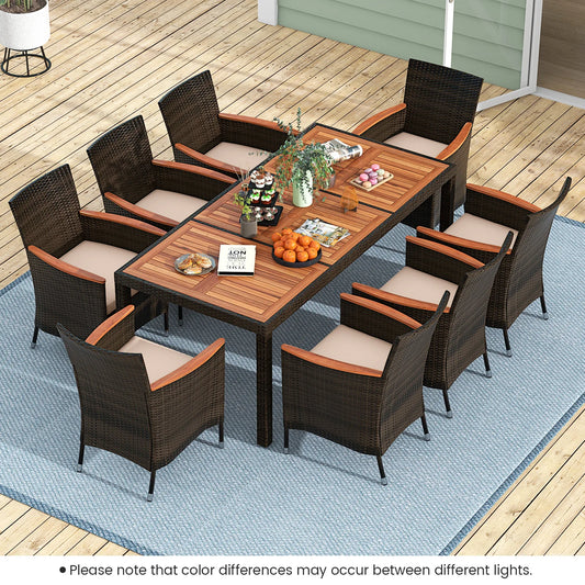 9PCS Wicker Patio Dining Set Acacia Wood Table Cushions Chairs
