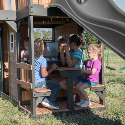 Cedar Swing Set with Wave Slide, Clubhouse, Play Kitchen, Picnic Area, Belt Swings, Web Swing, Rock Wall,
